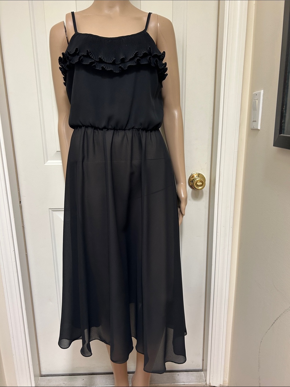 Vintage Ursula of Switzerland Black Midi Dress with Pleated Ruffled Bodice